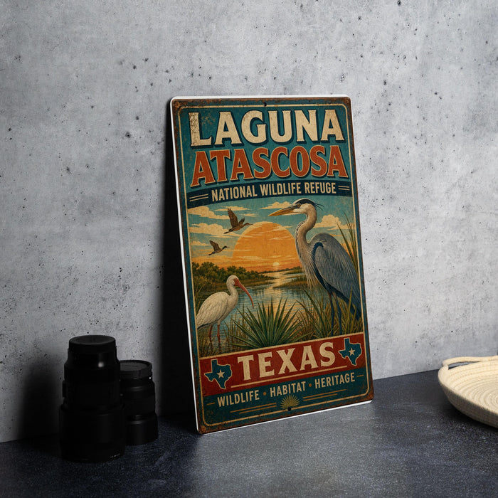 A vintage-style metal sign for Laguna Atascosa National Wildlife Refuge in Texas, featuring illustrations of birds and a sunset landscape.