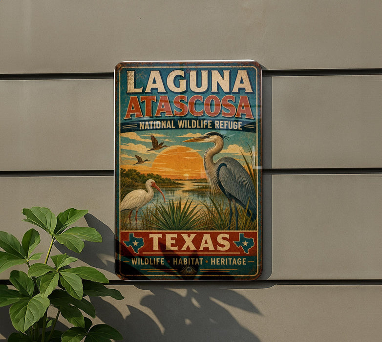 A vintage-style metal sign for the Laguna Atascosa National Wildlife Refuge in Texas, featuring illustrations of birds and a sunset landscape.
