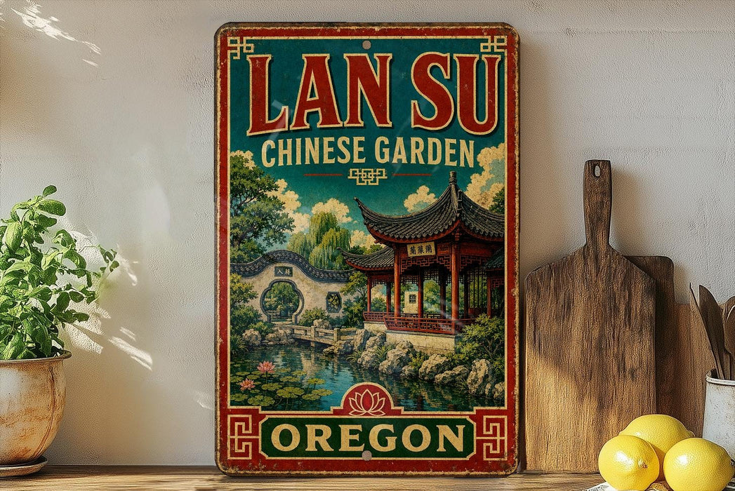 A vintage-style sign for the Lan Su Chinese Garden in Oregon, featuring a traditional Chinese temple and a pond, is displayed on a shelf next to a wooden cutting board and some potted plants.
