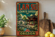 A vintage-style sign for the Lan Su Chinese Garden in Oregon, featuring a traditional Chinese temple and a pond, is displayed on a shelf next to a wooden cutting board and some potted plants.