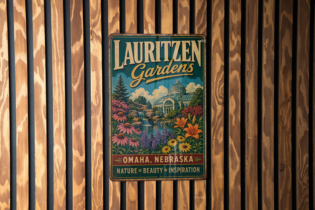 A vintage-style metal sign for Lauritzen Gardens in Omaha, Nebraska, featuring a garden scene with flowers and a building.