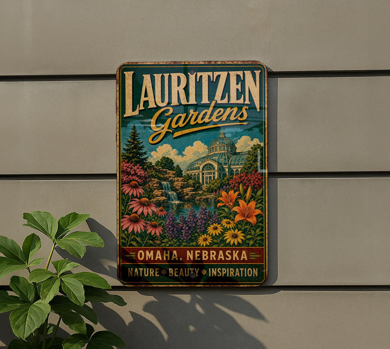 A vintage-style metal sign for Lauritzen Gardens in Omaha, Nebraska, featuring a colorful illustration of the gardens and a waterfall.