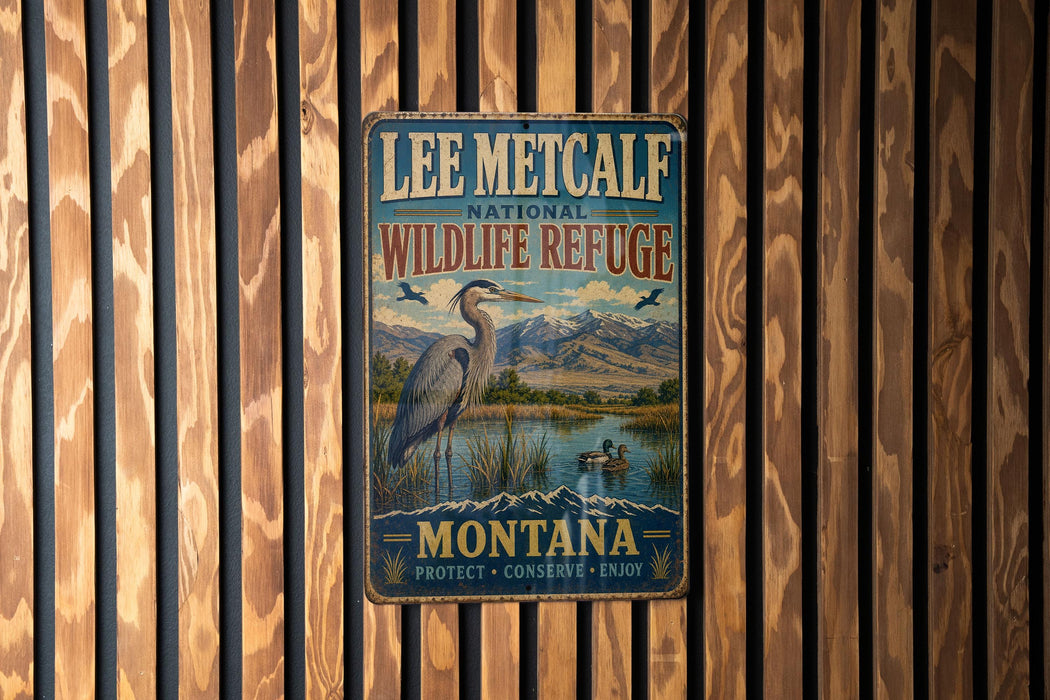 A vintage metal sign for Lee Metcalf National Wildlife Refuge in Montana, featuring a large heron and mountains in the background.