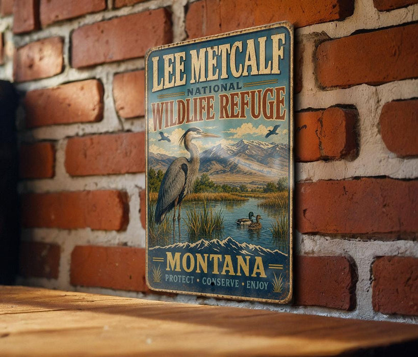 A vintage metal sign for the Lee Metcalf National Wildlife Refuge in Montana, featuring an illustration of a heron and a duck in a lake surrounded by mountains.
