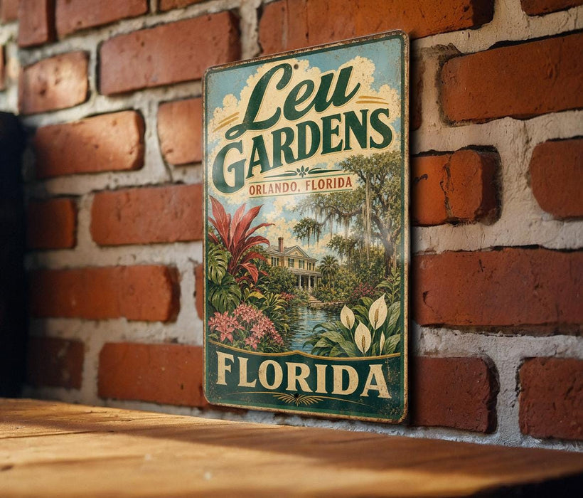 A vintage-style metal sign with the text "Leu Gardens, Florida" and a tropical landscape illustration, mounted on a brick wall.