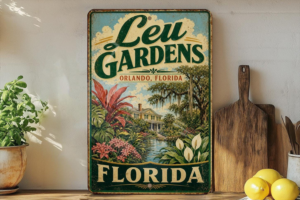 A vintage-style sign for Leu Gardens, a landmark in Orlando, Florida, featuring a tropical garden scene with palm trees, flowers, and a house.
