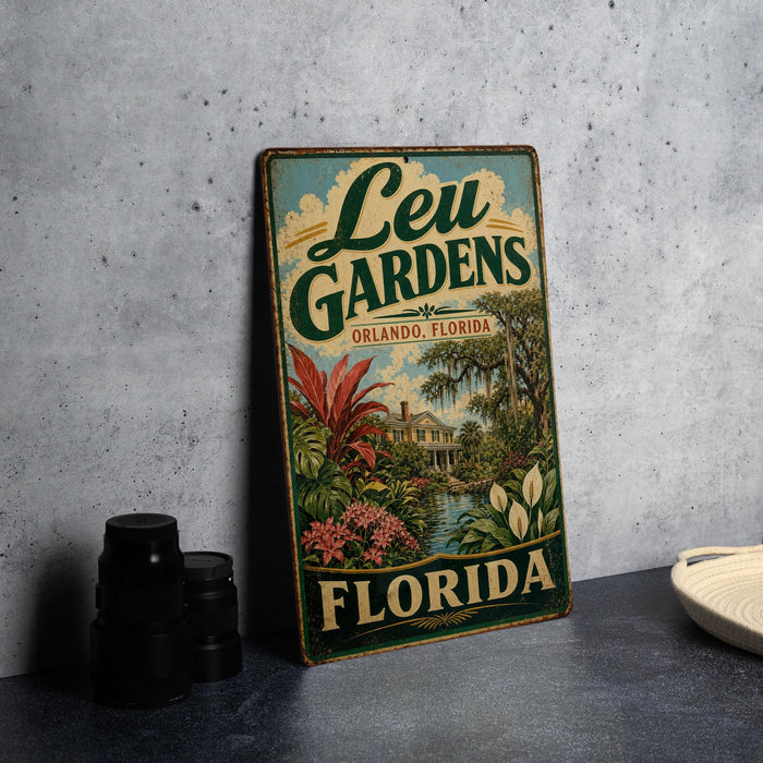 A vintage-style metal sign for Leu Gardens, located in Orlando, Florida, featuring a tropical garden scene with palm trees, flowers, and a house.
