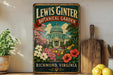 A vintage-style metal sign for the Lewis Ginter Botanical Garden in Richmond, Virginia, featuring a colorful illustration of the greenhouse and surrounding flowers.