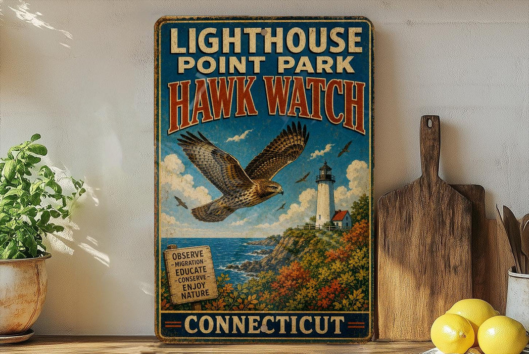 A vintage-style sign for Lighthouse Point Park, Hawk Watch, and Connecticut, featuring an illustration of a hawk in flight over a coastal landscape with a lighthouse.