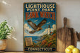A vintage-style sign for Lighthouse Point Park, Hawk Watch, and Connecticut, featuring an illustration of a hawk in flight over a coastal landscape with a lighthouse.