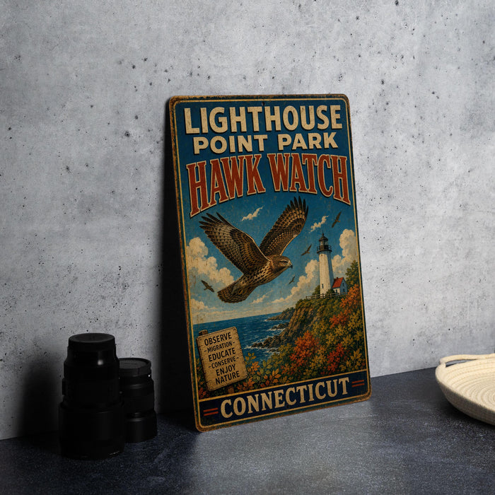 A vintage metal sign for Lighthouse Point Park, Hawk Watch, and Connecticut, featuring an illustration of a hawk in flight and a lighthouse in the background.