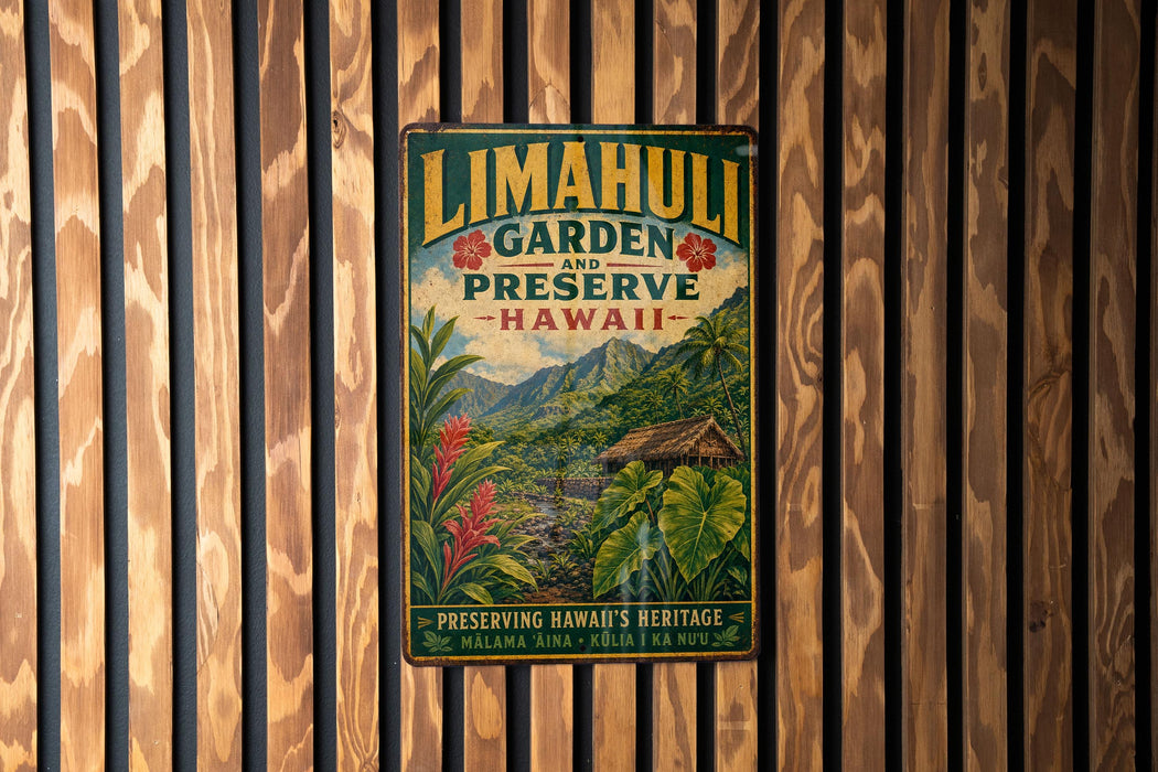 A vintage metal sign with a tropical landscape and text, mounted on a wooden wall.