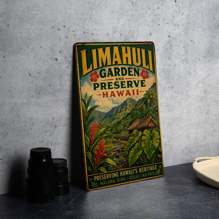 A vintage-style metal sign for Limahui Garden and Preserve in Hawaii, featuring a tropical landscape with mountains, palm trees, and a hut.