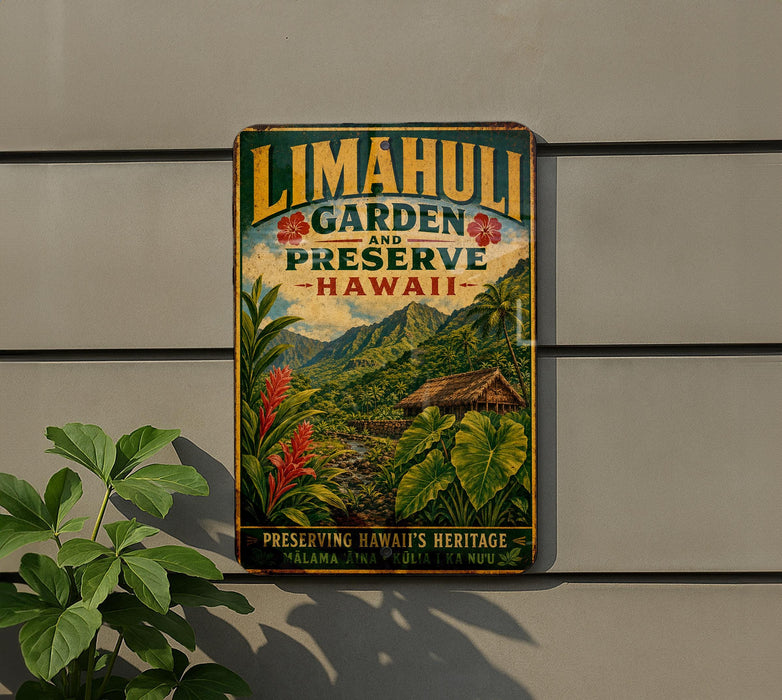 A vintage-style metal sign for Limahuli Garden and Preserve in Hawaii, featuring a tropical landscape with palm trees, flowers, and a hut.