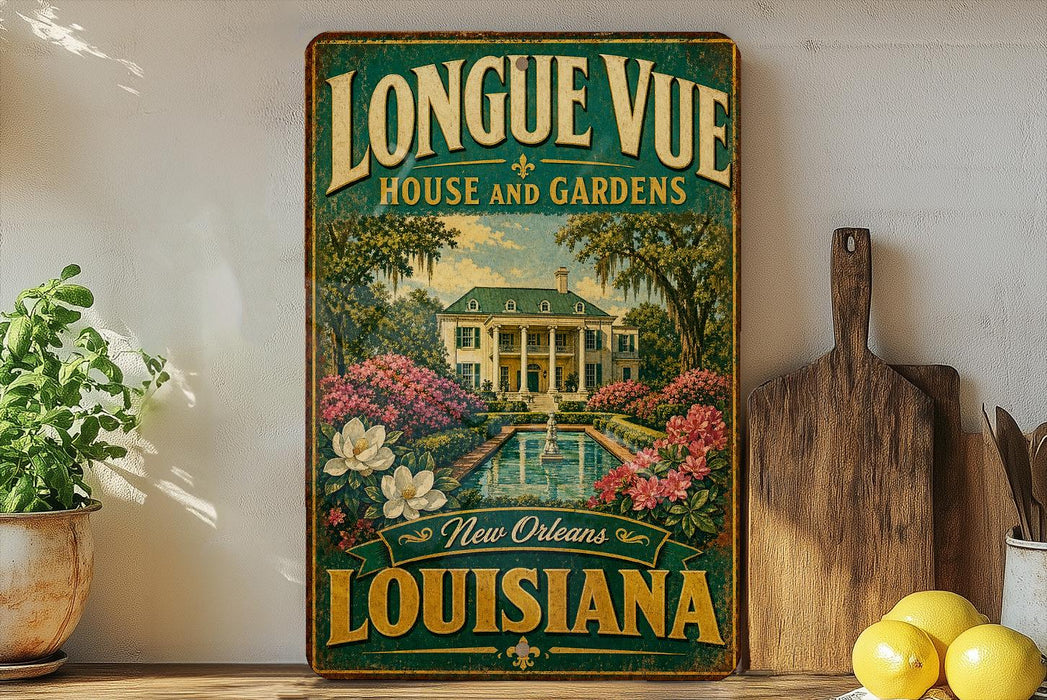 A vintage-style sign for "LONGUE VUE HOUSE AND GARDENS" in New Orleans, Louisiana, with a garden scene and a fountain.