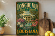 A vintage-style sign for "LONGUE VUE HOUSE AND GARDENS" in New Orleans, Louisiana, with a garden scene and a fountain.