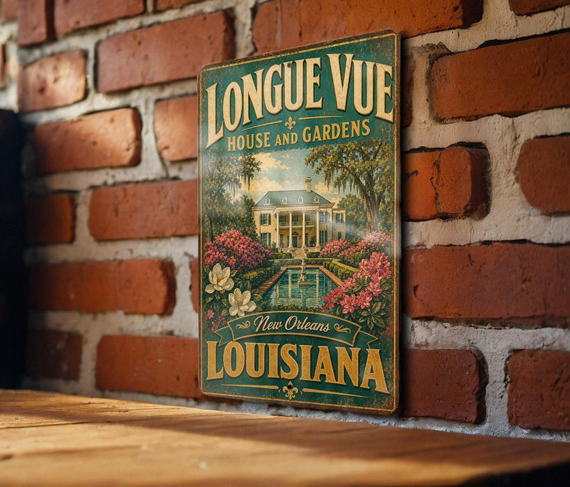 A vintage-style metal sign for "LONGUE VUE HOUSE AND GARDENS" in New Orleans, Louisiana, hanging on a brick wall.