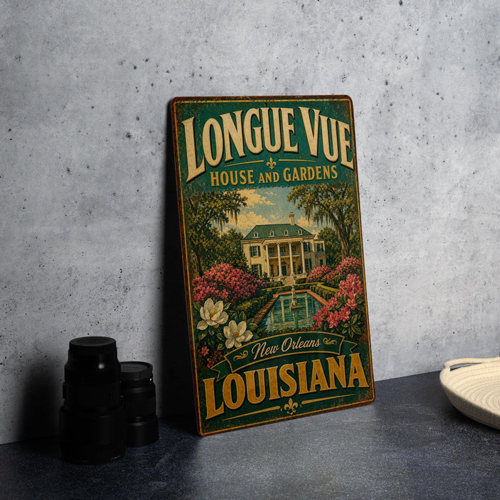 A vintage-style sign for "LONGUE VUE HOUSE AND GARDENS" in New Orleans, Louisiana, featuring a large illustration of a house surrounded by flowers and greenery.