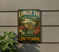 A vintage-style metal sign for "LONGUE VUE HOUSE AND GARDENS" in New Orleans, Louisiana, with a garden scene and a fountain.