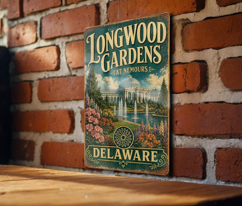 A vintage-style sign for Longwood Gardens in Delaware, featuring a scenic illustration of the gardens and fountains.