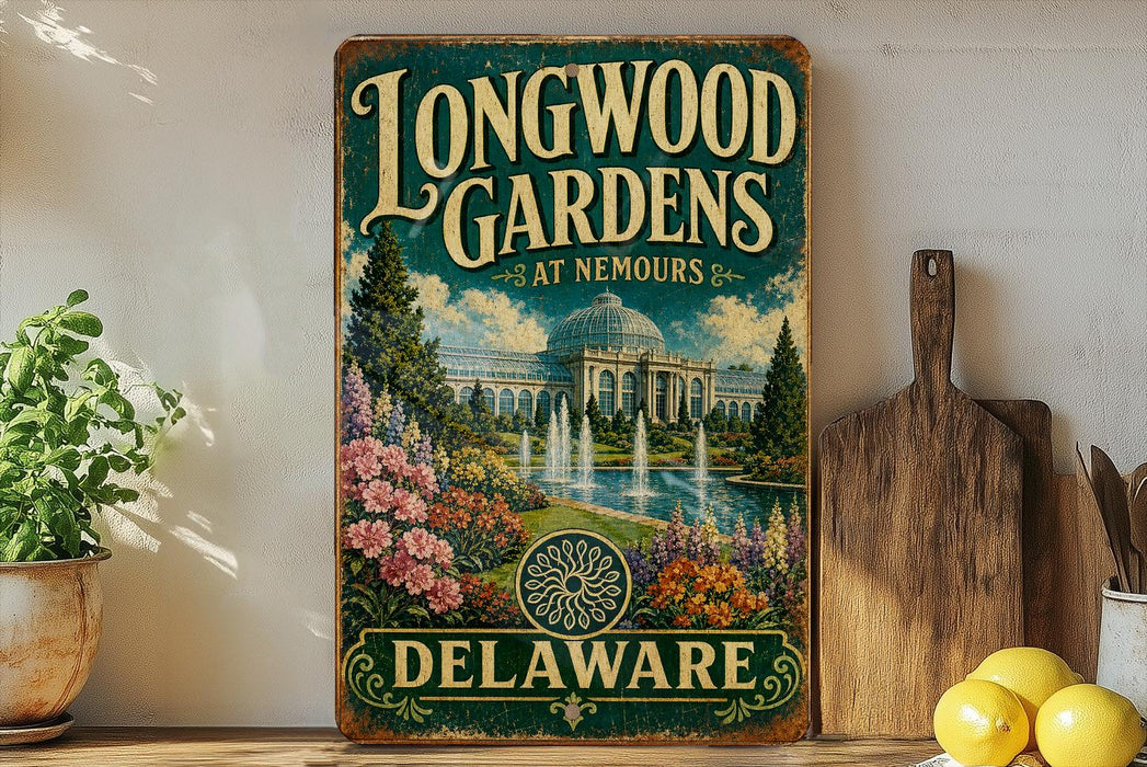 A vintage-style sign for Longwood Gardens in Delaware, featuring a picturesque garden scene with a fountain and colorful flowers.