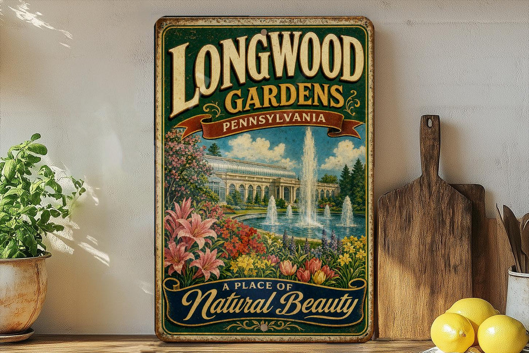 A vintage-style metal sign for Longwood Gardens in Pennsylvania, featuring a garden scene with a fountain and flowers, is displayed on a shelf next to a wooden cutting board and some potted plants.