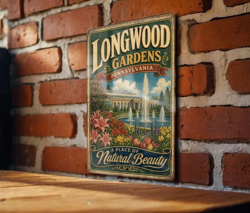 A vintage-style metal sign for Longwood Gardens in Pennsylvania, featuring a scenic illustration of the garden with a fountain and flowers.