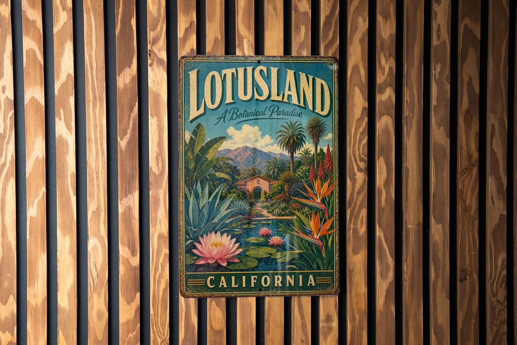 A vintage-style metal sign for Lotusland, a botanical park in California, featuring a tropical landscape with palm trees, a waterfall, and a pink lotus flower.