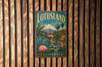 A vintage-style metal sign for Lotusland, a botanical park in California, featuring a tropical landscape with palm trees, a waterfall, and a pink lotus flower.