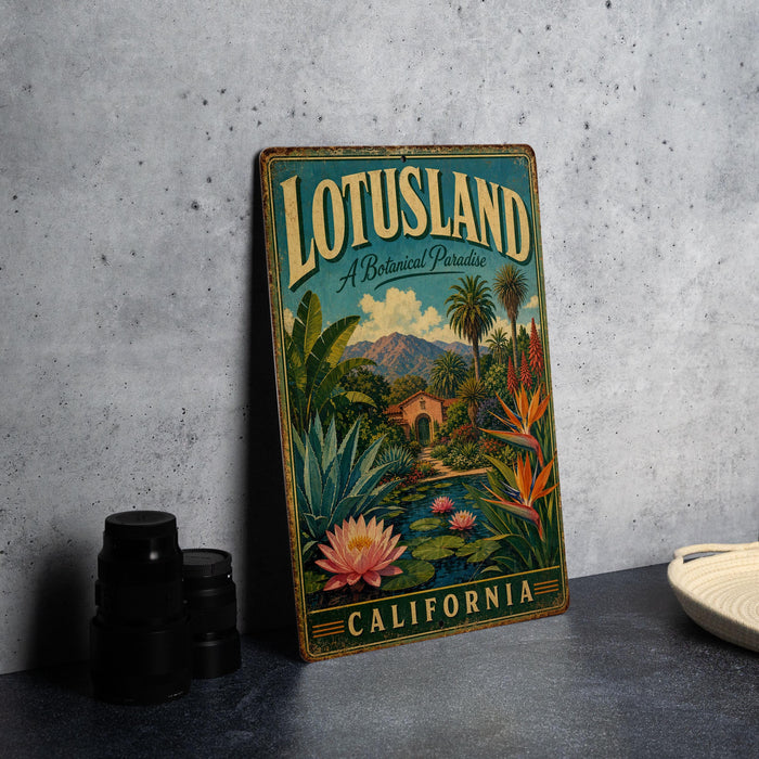 A vintage-style metal sign for "LOTUSLAND" in California, featuring a tropical landscape with palm trees, flowers, and a pond.