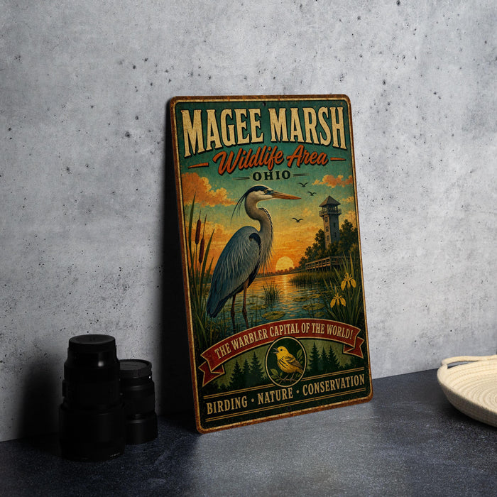 A vintage-style metal sign for Magee Marsh Wildlife Area in Ohio, featuring an illustration of a heron and a sunset landscape.
