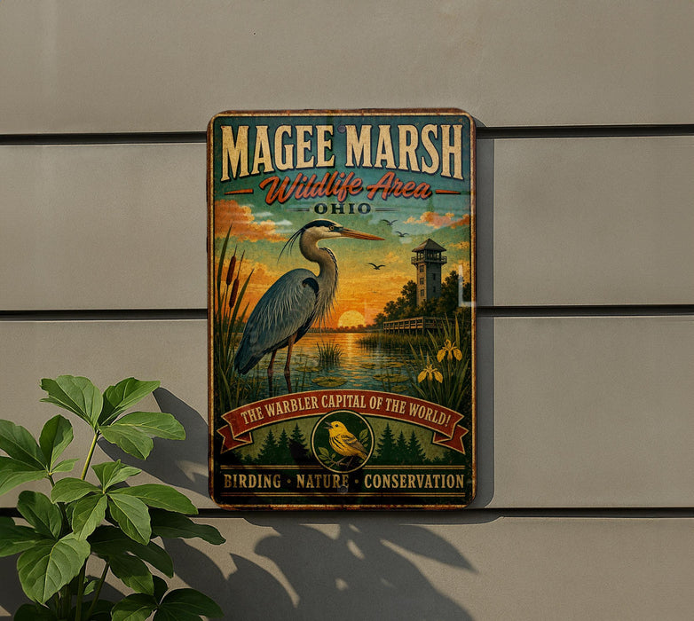 A vintage-style metal sign for the Magee Marsh Wildlife Area in Ohio, featuring an illustration of a heron and a sunset landscape.