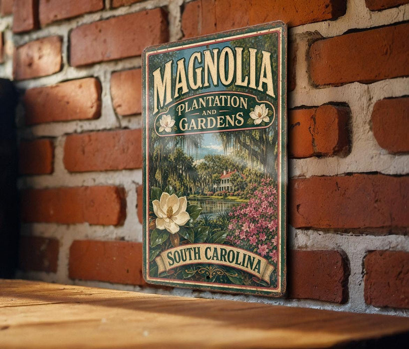 A vintage-style sign for Magnolia Plantation and Gardens in South Carolina is displayed on a brick wall.