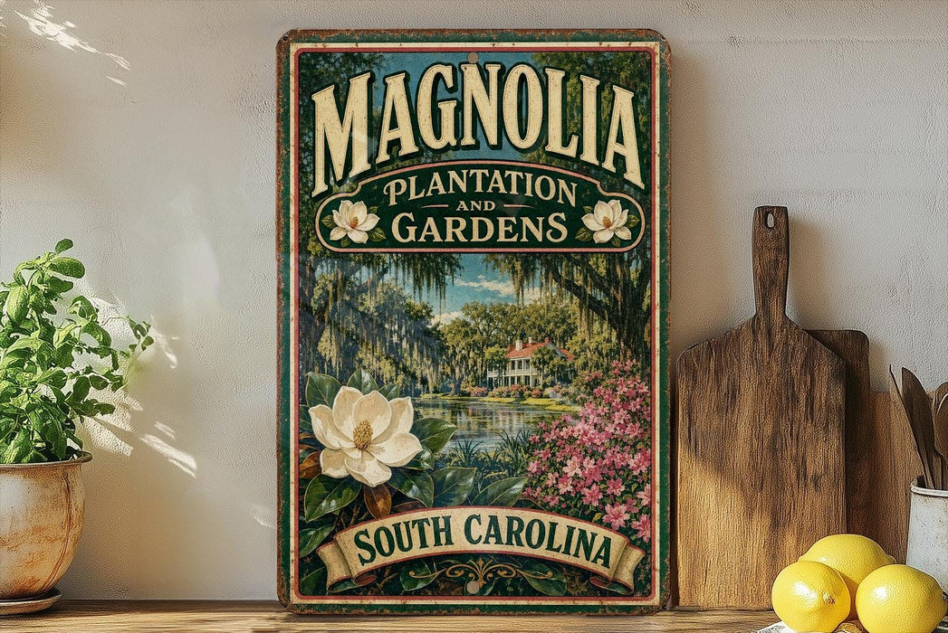 A vintage-style sign for Magnolia Plantation and Gardens in South Carolina, featuring a lush garden scene with a large white magnolia flower and a house in the background.