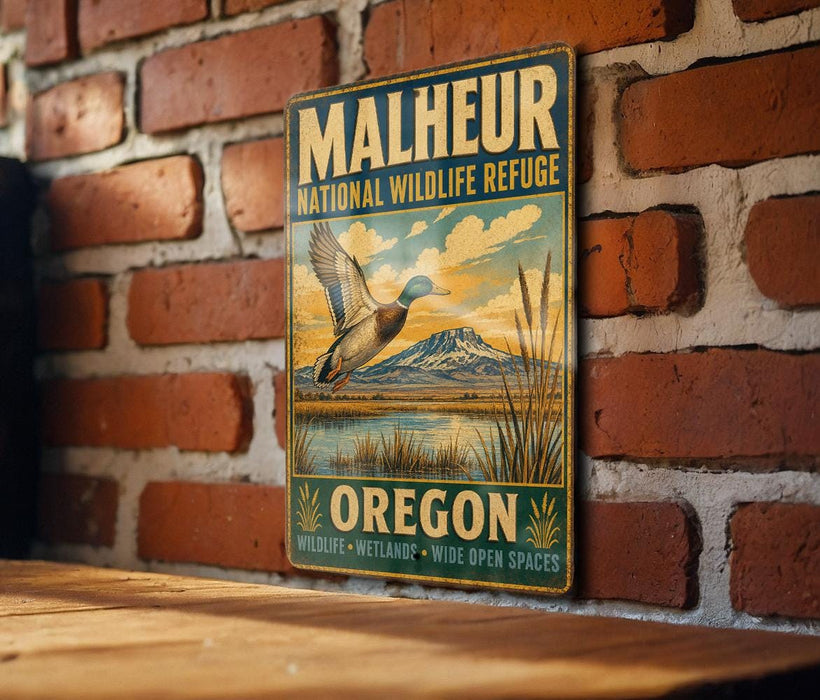 A vintage-style metal sign for Malheur National Wildlife Refuge in Oregon, featuring an illustration of a bird in flight over a scenic landscape.