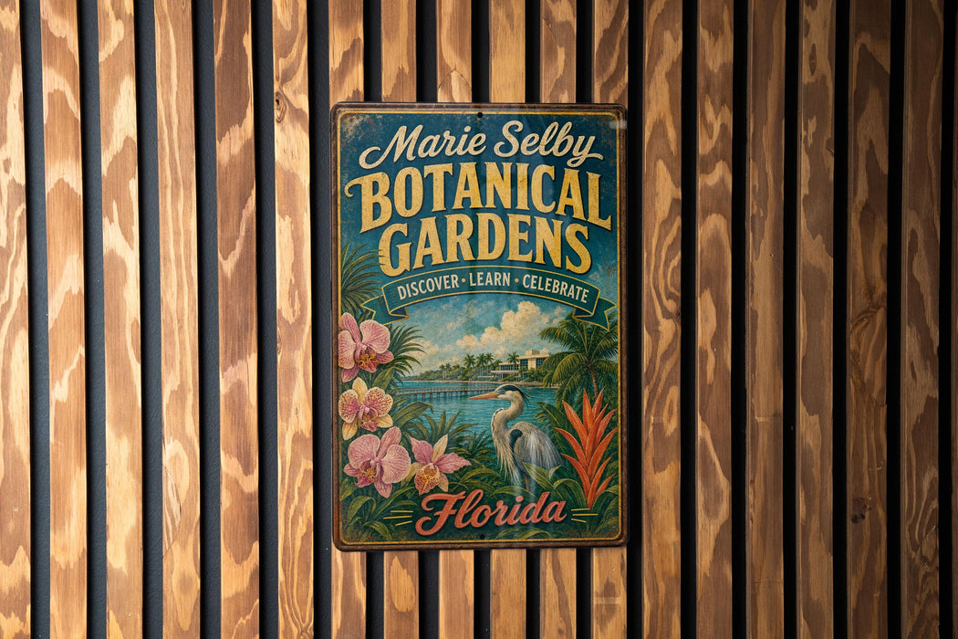 A vintage-style metal sign for "Marie Selby Botanical Gardens" in Florida, featuring a tropical landscape with palm trees, orchids, and a bird.