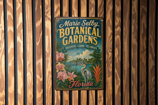 A vintage-style metal sign for "Marie Selby Botanical Gardens" in Florida, featuring a tropical landscape with palm trees, orchids, and a bird.