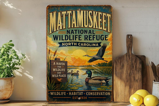 A vintage-style sign for Mattamukkee National Wildlife Refuge in North Carolina, featuring an illustration of ducks swimming in a pond and a bird flying overhead.