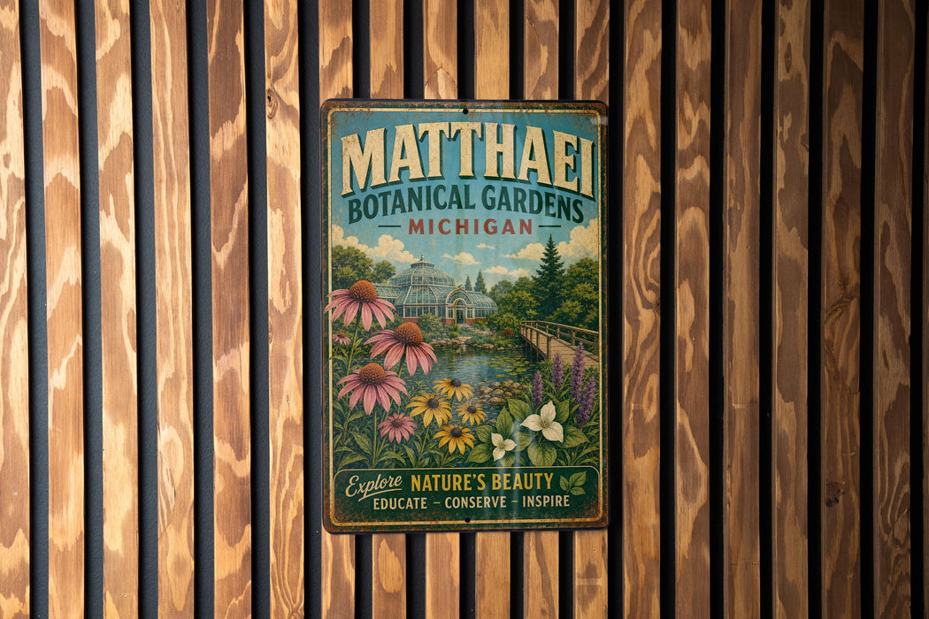 A vintage-style metal sign for Matthaei Botanical Gardens in Michigan, featuring a scenic illustration of a garden with flowers and a building.