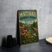 A vintage-style metal sign for Matthaei Botanical Gardens in Michigan, featuring a colorful illustration of flowers and a building.