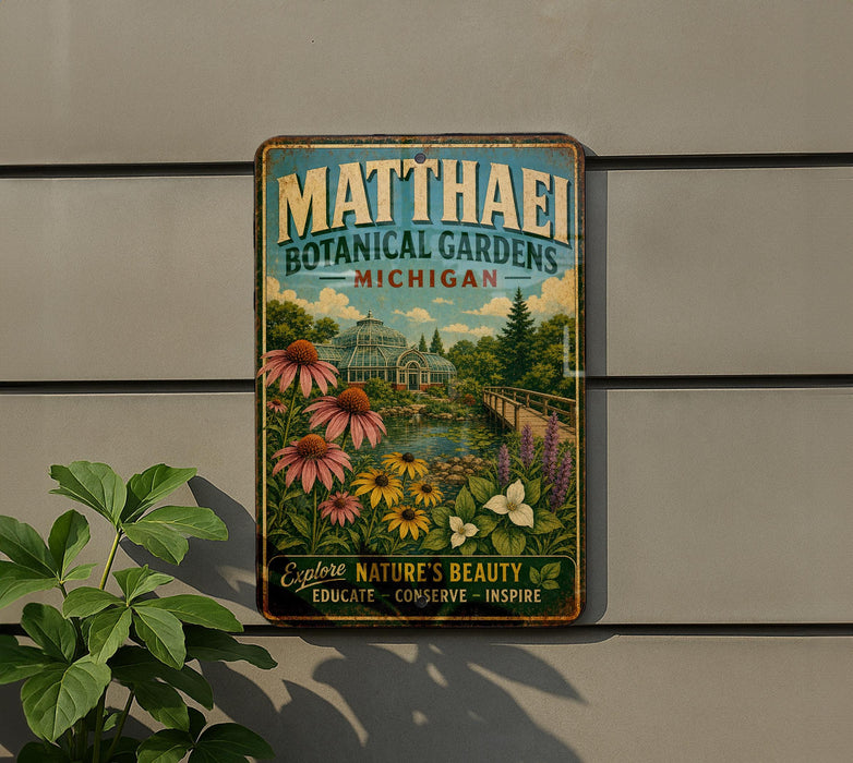 A vintage-style metal sign for Matthaei Botanical Gardens in Michigan, featuring a lush garden scene with flowers, plants, and a greenhouse.