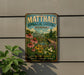 A vintage-style metal sign for Matthaei Botanical Gardens in Michigan, featuring a lush garden scene with flowers, plants, and a greenhouse.