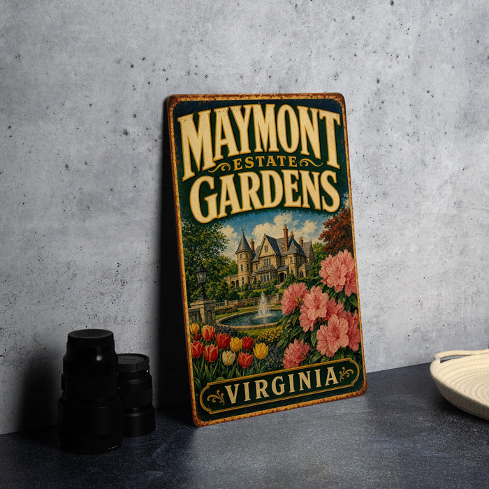 A vintage-style metal sign for Maymont Estate Gardens in Virginia, featuring a castle and garden scene.