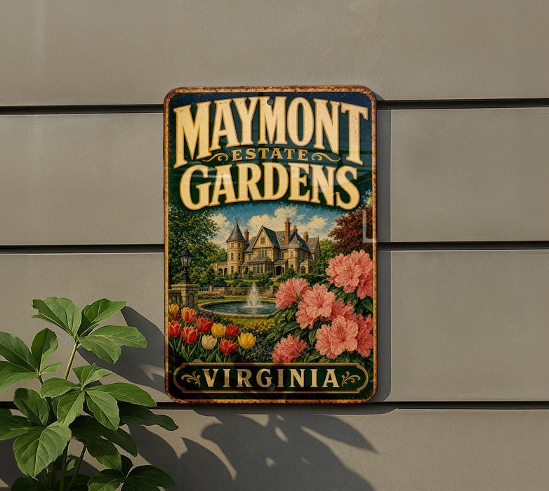 A vintage-style metal sign for the Maymont Estate Gardens in Virginia, featuring a garden scene with pink flowers and a fountain.