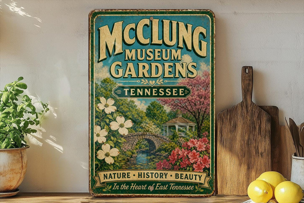 A vintage-style sign for the McCling Museum Gardens in Tennessee, featuring a scenic illustration of a garden with a bridge and flowers.