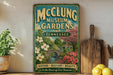 A vintage-style sign for the McCling Museum Gardens in Tennessee, featuring a scenic illustration of a garden with a bridge and flowers.