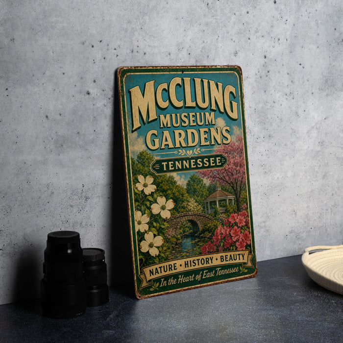 A vintage-style metal sign for the McCluong Museum Gardens in Tennessee, featuring a scenic illustration of a garden with a bridge and flowers.