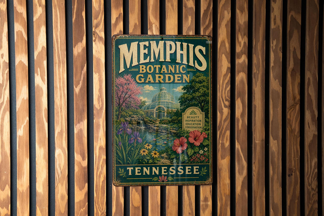 A vintage-style metal sign for the Memphis Botanic Garden in Tennessee, featuring a colorful illustration of the garden's landscape and architecture.