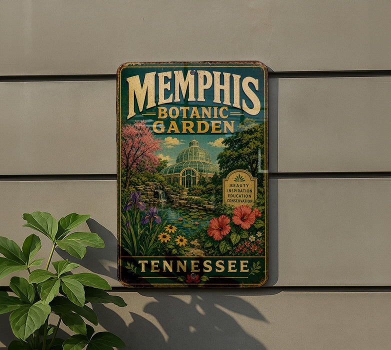A vintage-style metal sign for the Memphis Botanic Garden in Tennessee, featuring a colorful illustration of the garden's landscape and architecture.