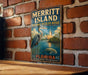 A vintage-style metal sign for the Merritt Island National Wildlife Refuge in Florida, featuring a large blue heron and a seagull in a serene landscape.
